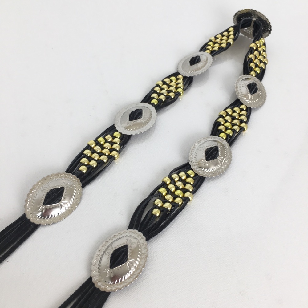 Vintage Boho Western Leather Concho Belt Black Silver Beaded Cowgirl - Picture 7 of 13